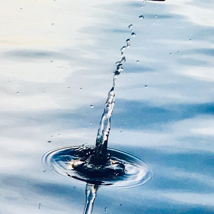 Wassertropfen, der in ruhigem Wasser aufprallt und Wellen erzeugt.