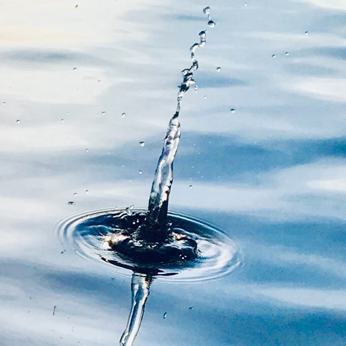 Wasser spritzt auf ruhiger Wasseroberfläche, erzeugt konzentrische Wellen.